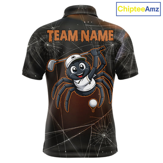 Funny Spider Halloween men's golf polo featuring spiderweb artwork, personalized golf team shirt, moisture-wicking performance golf apparel, Halloween golf tournament uniform