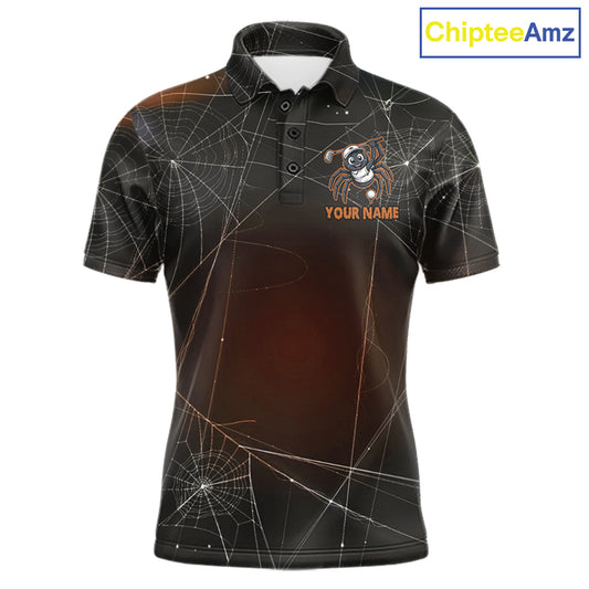 Funny Spider Halloween men's golf polo featuring spiderweb artwork, personalized golf team shirt, moisture-wicking performance golf apparel, Halloween golf tournament uniform