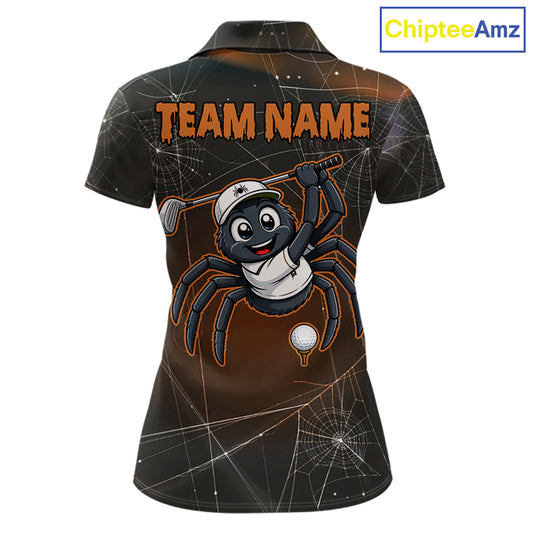 Funny Spider Halloween women's golf polo shirt featuring spiderweb artwork, custom golf team uniform, breathable performance polo, golf outing apparel, Halloween golf clothing, golf club tournament