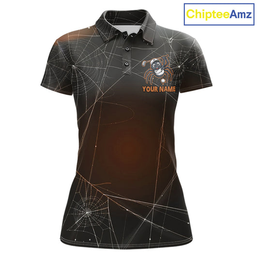 Funny Spider Halloween women's golf polo shirt featuring spiderweb artwork, custom golf team uniform, breathable performance polo, golf outing apparel, Halloween golf clothing, golf club tournament