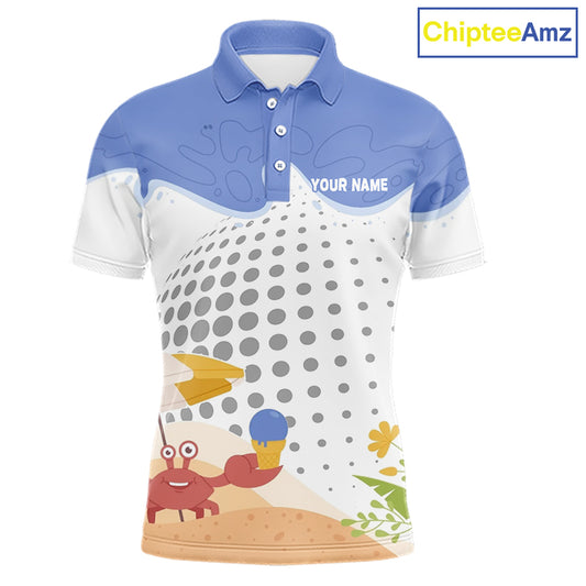 Summer Crab men's golf polo shirt, personalized tropical crab golfer design, breathable golf apparel, golf outing clothing