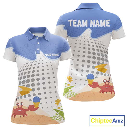 Custom Summer Crab women's golf polo shirt featuring colorful crab artwork, golf team uniform, summer golf outfit, personalized apparel