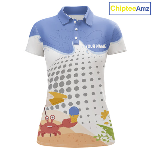 Custom Summer Crab women's golf polo shirt featuring colorful crab artwork, golf team uniform, summer golf outfit, personalized apparel