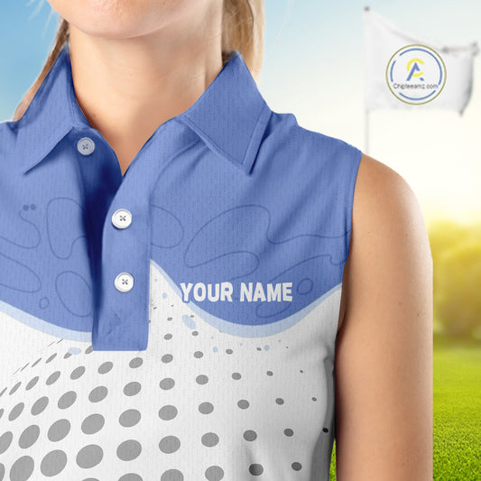 Female golfer wearing Summer Crab golf polo, tropical golf clothing, vacation golf outfit, custom golf apparel, beach golf style