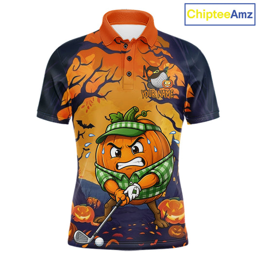 Funny Pumpkin men's golf polo, Halloween golf apparel, custom golf team shirt, moisture-wicking golf uniform