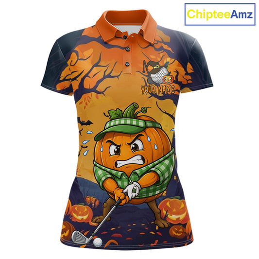 Funny Pumpkin women's golf polo shirt, Halloween golf team uniform, breathable performance golf apparel, autumn golf outfit