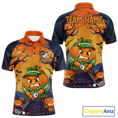 Funny Pumpkin men's golf polo, Halloween golf apparel, custom golf team shirt, moisture-wicking golf uniform