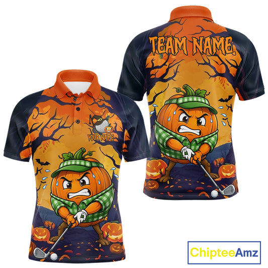 Funny Pumpkin men's golf polo, Halloween golf apparel, custom golf team shirt, moisture-wicking golf uniform