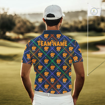 Male golfer wearing Plaid Pumpkin golf polo, golf club apparel, fall golf tournament clothing, personalized golf shirt