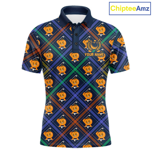Plaid Pumpkin men's golf polo shirt, Halloween golf apparel, breathable golf team uniform, custom golf clothing