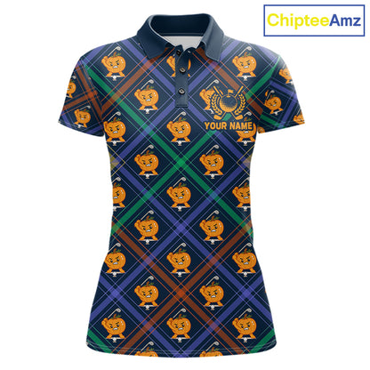 Plaid Pumpkin women's golf polo shirt featuring classic plaid design, custom golf apparel, fall golf fashion, golf team uniform