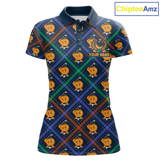 Plaid Pumpkin women's golf polo shirt featuring classic plaid design, custom golf apparel, fall golf fashion, golf team uniform