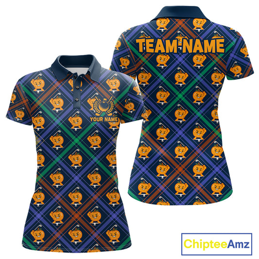 Plaid Pumpkin women's golf polo shirt featuring classic plaid design, custom golf apparel, fall golf fashion, golf team uniform