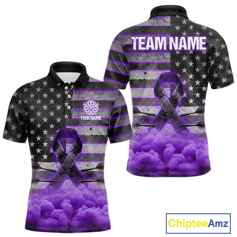 Purple Cloud Ribbon US Flag Dart Arrow Custom Breast Cancer Awareness Darts Men Polo Shirt NYN1816