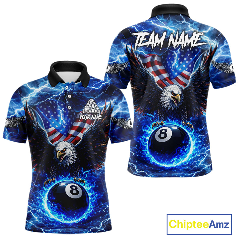 US Flag Eagle Thunder Blue Pool 8 Ball Men Billiard Shirt Custom Patriotic Billiard Team Attire NYN2604