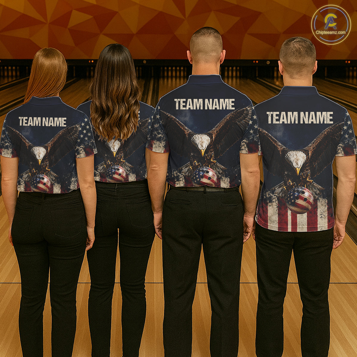 American Flag Grunge Bowling Team Jerseys For Men Custom Eagle Patriot Bowling Polo 1/4-Zip Shirt NYN3168
