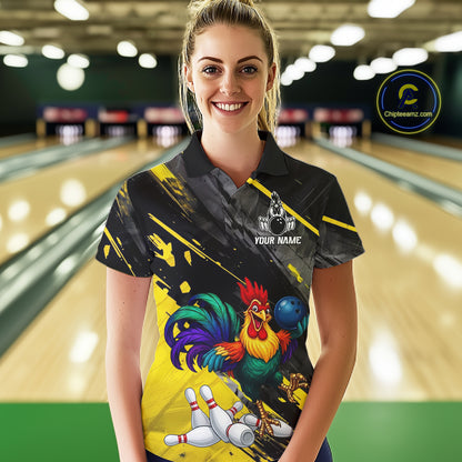 Personalized Colorful Funny Rooster Bowling Shirt For Women Yellow Grunge Bowling Team Jersey NYN3174