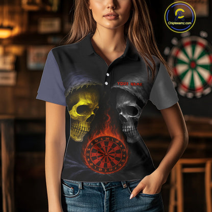Flaming Dartboard Dual Skulls Funny Darts Shirt For Women - Customizable Name & Team NYN0404