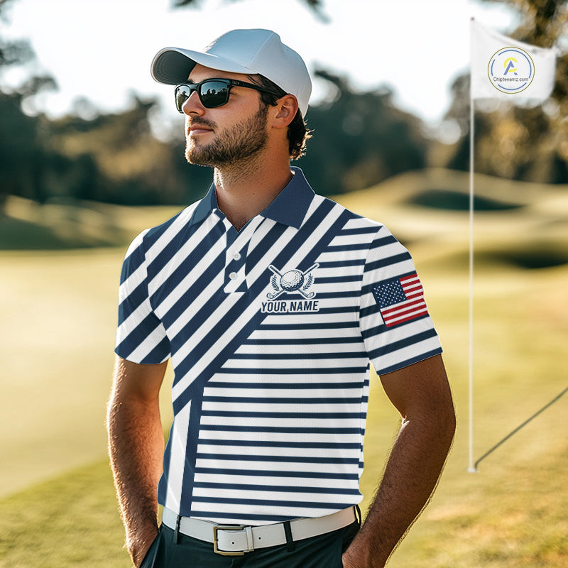 White And Blue Pinstripe Men Golf Polo Shirt Personalized Patriotic Golf Team Outfits NYN3387
