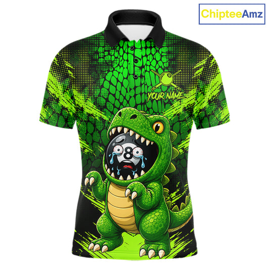 Custom Green Paint Alligator Men's Billiard Polo Shirt, Funny 8 Ball Pool League Jersey, Personalized Tournament Apparel