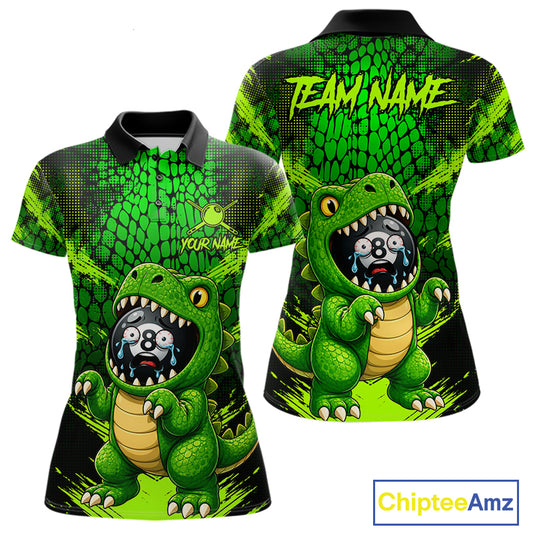 Custom Green Paint Alligator Women's Billiard Polo Shirt, Funny Alligator 8 Ball Pool Team Jersey, Personalized Cue Sports Apparel, Wildlife Theme