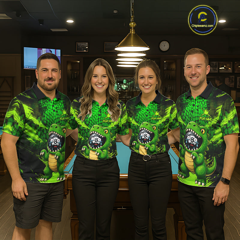 Pool team wearing matching Funny Alligator billiard jerseys, personalized league uniforms, wildlife lovers, fishing, hunting, bowling, darts & pickleball crossover
