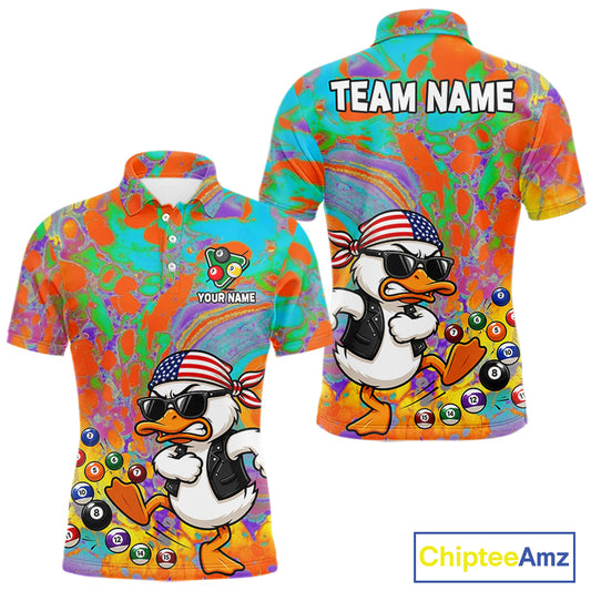 Colorful Splatter Funny Duck Men's Billiard Polo Shirt, Personalized Duck Pool League Jersey