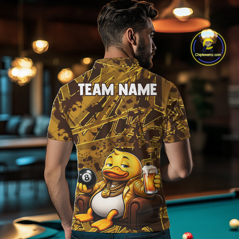 Male model wearing Brown Yellow Duck pool polo, fun league uniform, custom billiards jersey