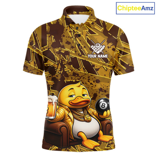 Funny Brown Yellow Duck Men's Billiard Polo Shirt, Personalized Pool League Jersey