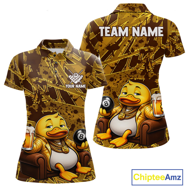 Funny Brown Yellow Duck Women's Billiard Polo Shirt, Personalized 8 Ball Pool Team Jersey, Cartoon Duck Cue Sports Apparel