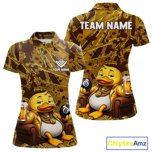 Funny Brown Yellow Duck Women's Billiard Polo Shirt, Personalized 8 Ball Pool Team Jersey, Cartoon Duck Cue Sports Apparel
