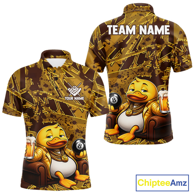 Funny Brown Yellow Duck Men's Billiard Polo Shirt, Personalized Pool League Jersey