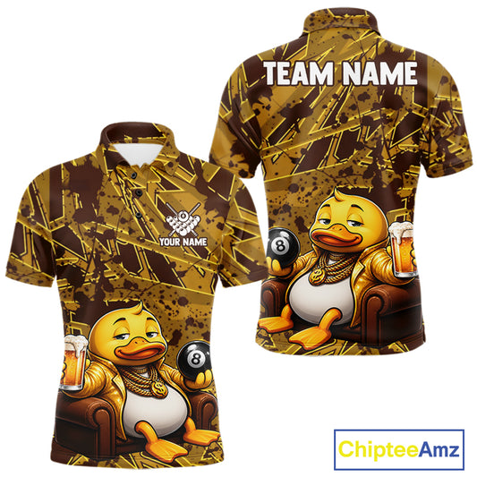 Funny Brown Yellow Duck Men's Billiard Polo Shirt, Personalized Pool League Jersey
