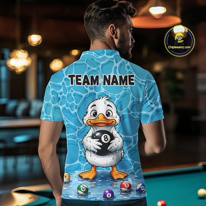 Male model wearing Blue Wet Duck billiard polo during league play, novelty sports jersey