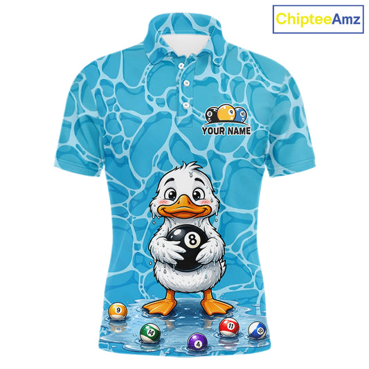 Funny Blue Wet Duck Men's Billiard Polo Shirt, Personalized Pool League Jersey