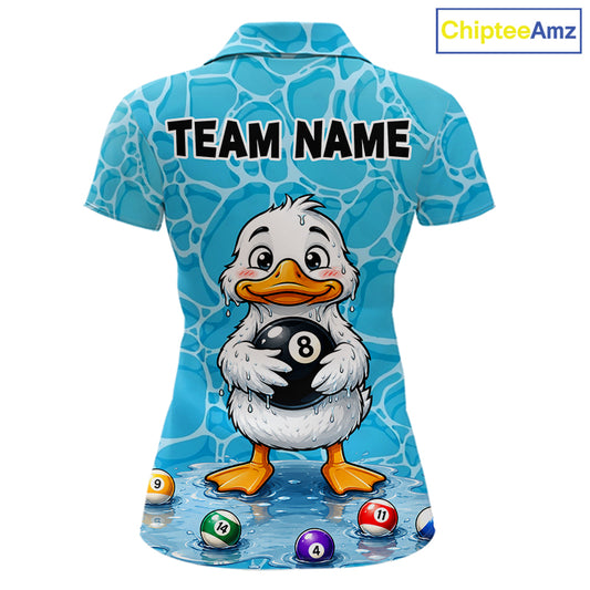 Funny Blue Wet Duck Women's Billiard Polo Shirt, Personalized 8 Ball Pool Team Jersey, Cartoon Water Duck Cue Sports Apparel