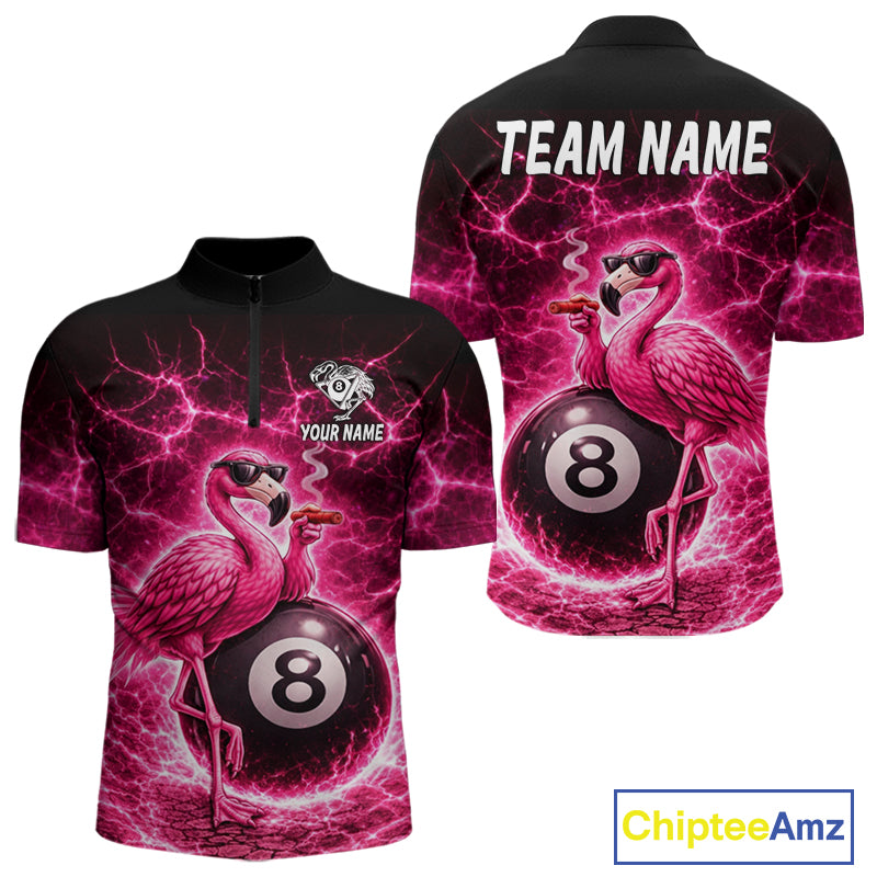 Thunder Pink Funny Flamingo Smokes Pool 8 Ball Men Billiard Shirt Custom Ball Billiard Team Attire NYN2612
