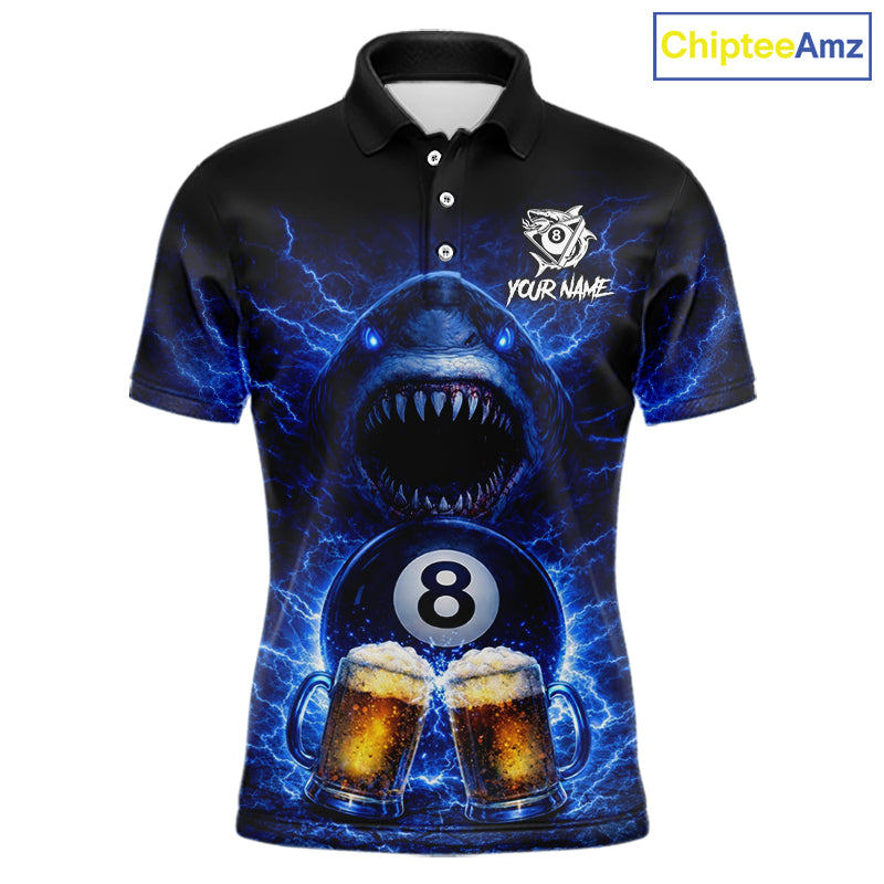 Blue Funny Lightning Shark Cheer Beers Pool 8 Ball Men Billiard Shirt Custom Ball Billiard Attire NYN2613