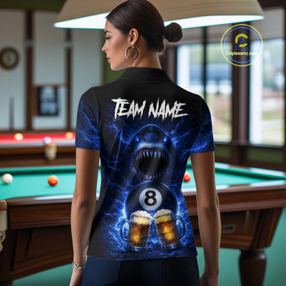 Blue Funny Lightning Shark Cheer Beers Pool 8 Ball Women Billiard Shirt Custom Ball Billiard Attire NYN2613