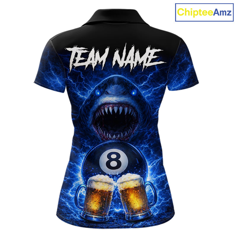 Blue Funny Lightning Shark Cheer Beers Pool 8 Ball Women Billiard Shirt Custom Ball Billiard Attire NYN2613