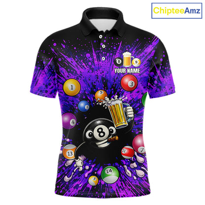 Purple Splatter Paint Pool 8 Ball Billiard Shirt For Men Custom Funny Beer 8 Ball Billiard Attire NYN2615