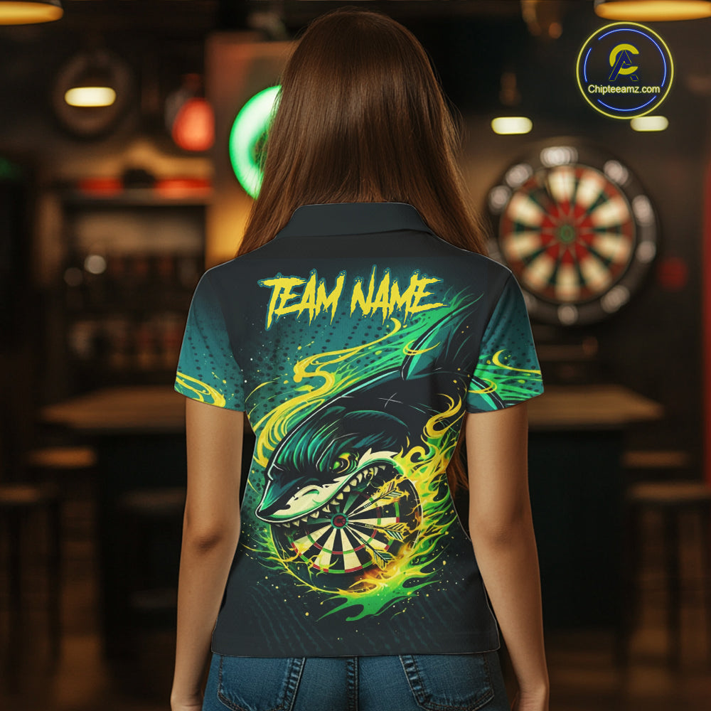 Green Splatter Paint Shark Dartboard & Arrow Women Darts Polo Shirt Custom Darts Team Jersey NYN2616