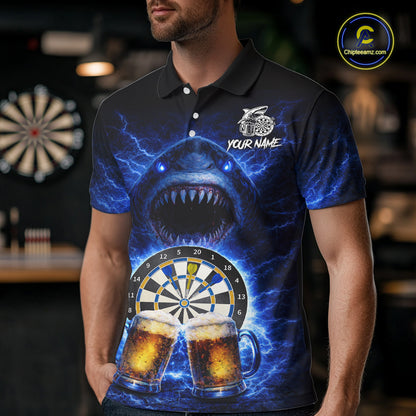 Blue Horror Shark Cheer Beer & Dartboard Men Darts Polo Shirt Custom Funny Dart Team Jersey NYN2617