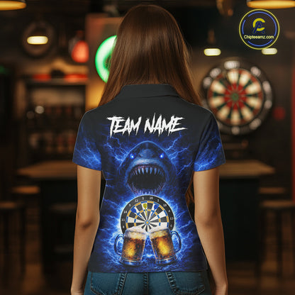 Blue Horror Shark Cheer Beer & Dartboard Women Darts Polo Shirt Custom Funny Dart Team Jersey NYN2617