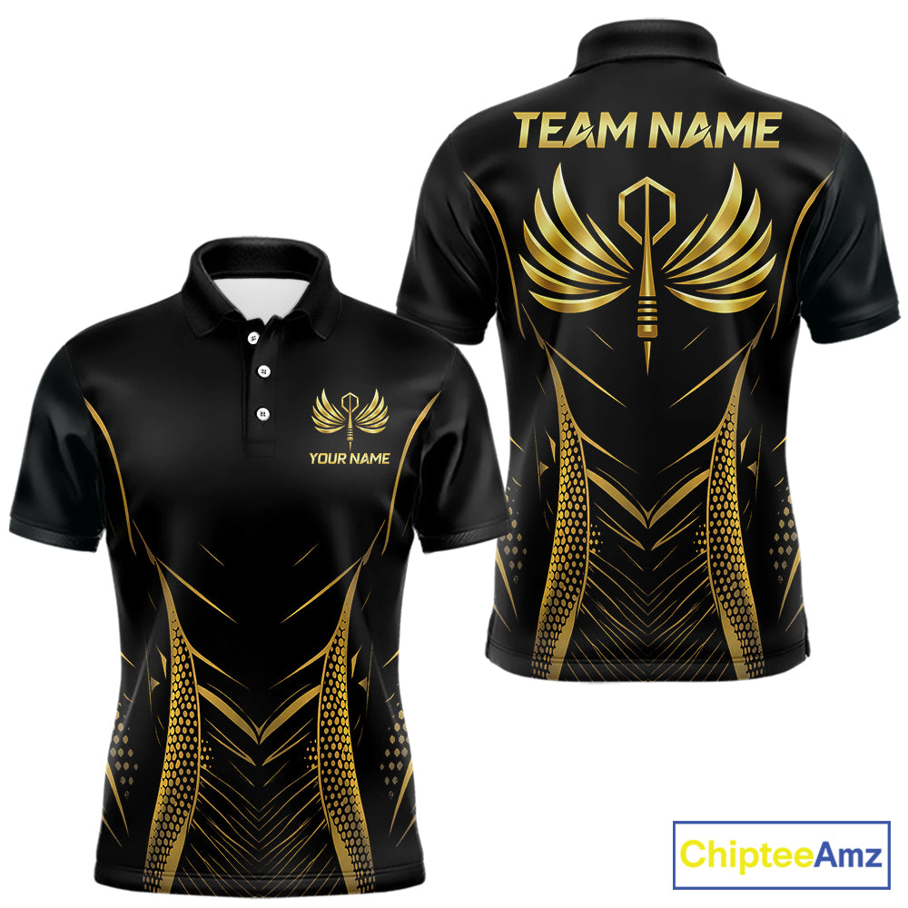 Personalized Black And Gold Wings Dart Arrow Men Darts Polo Shirt Custom Dart Team Jersey NYN2619