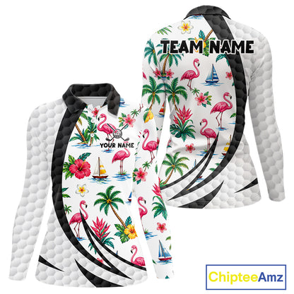 Tropical White And Black Golf Ball Polo Golf Shirts For Women Custom Flamingo Golf Team Attire NYN3176