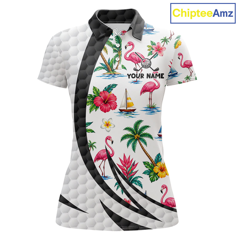 Tropical White And Black Golf Ball Polo Golf Shirts For Women Custom Flamingo Golf Team Attire NYN3176