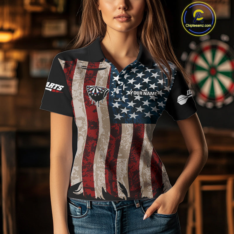 Dripping Dartboard Grunge US Flag Women's Darts Shirt - Custom Name For Dart Players NYN0420