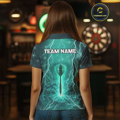 Turquoise Thunder Cracked Dartboard Women's Darts Shirt - Custom Name For Players NYN0423
