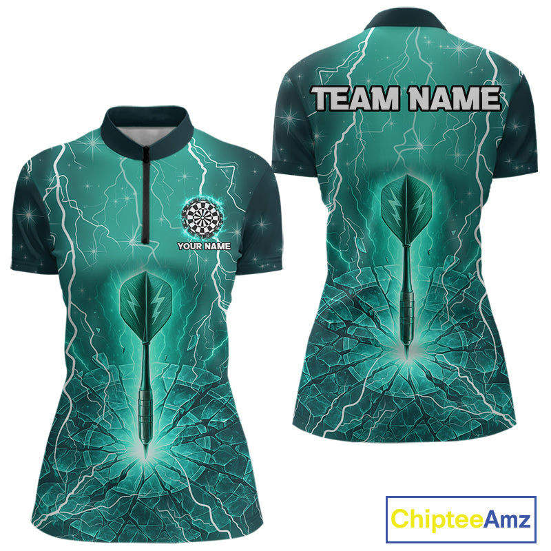 Turquoise Thunder Cracked Dartboard Women's Darts Shirt - Custom Name For Players NYN0423